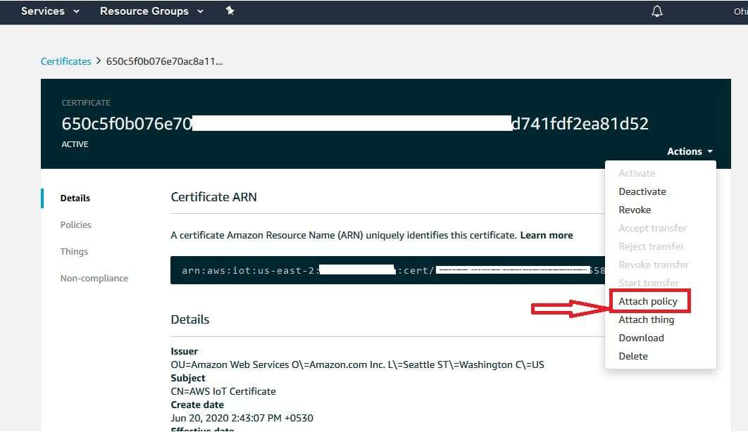 attach AWS IoT Policy to Certificate