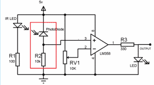 The red box highlights the voltage divider formed since the photodiode acts like a variable resistor depending on the intensity of incident light 