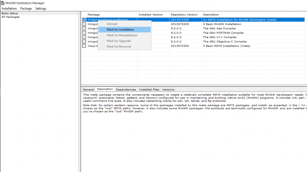 install mingw - select options