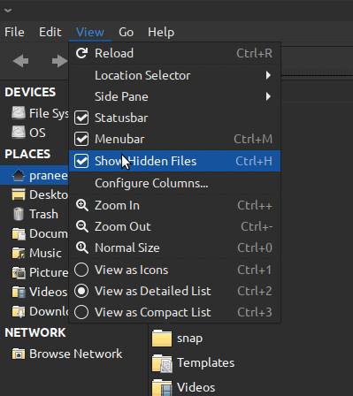 Show Hidden files option in Thunar