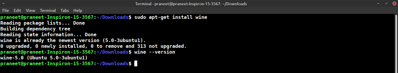 Installation of wine and version check